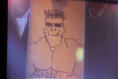 「『このタモリさん、偽物だ！』なぜそう思った？」のお題で阿久津が回答したイラスト「驚いたよ、まさか生身の人間にタモリ80％を見せることになるとは」。