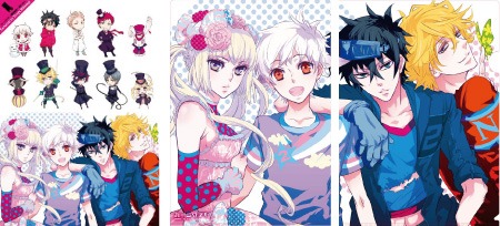 「カーニヴァル」クリアファイル+ステッカーセット。価格は500円。※左（ステッカー）／中（クリアファイル左）／右（クリアファイル右）