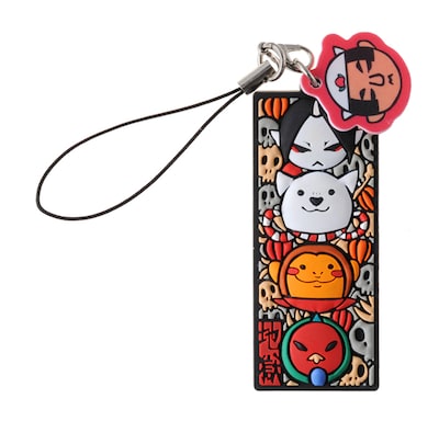 「鬼灯の冷徹」の8巻限定版に付属する、「桃太郎の悲しきラバーストラップ」。桃太郎の顔をずらすと、実は鬼灯が動物たちを率いていることがわかる。