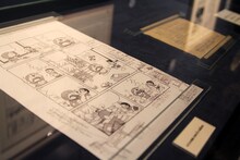 手紙の隣には「のび太の部屋に体温を与える徹底研究」と題された原稿のコピーが飾られている。スタッフが描いたのび太の部屋に足りない要素を、藤子・F・不二雄がひとつひとつ指摘している。(C)Fujiko-Pro