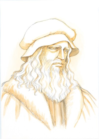 惣領冬実が描き下ろした、レオナルド・ダ・ヴィンチのイラスト。