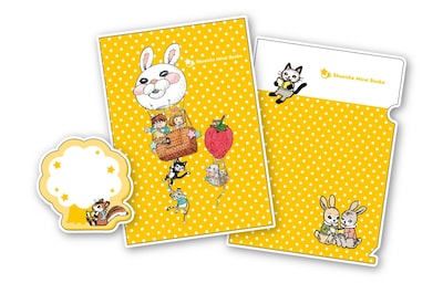 応募者全員にプレゼントされる「ウキウキ文房具セット」。左からふせん、ノート、クリアファイル。※デザインは変更になる可能性あり。(C)Chica Umino