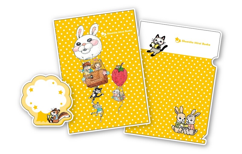 応募者全員にプレゼントされる「ウキウキ文房具セット」。左からふせん、ノート、クリアファイル。※デザインは変更になる可能性あり。(C)Chica Umino