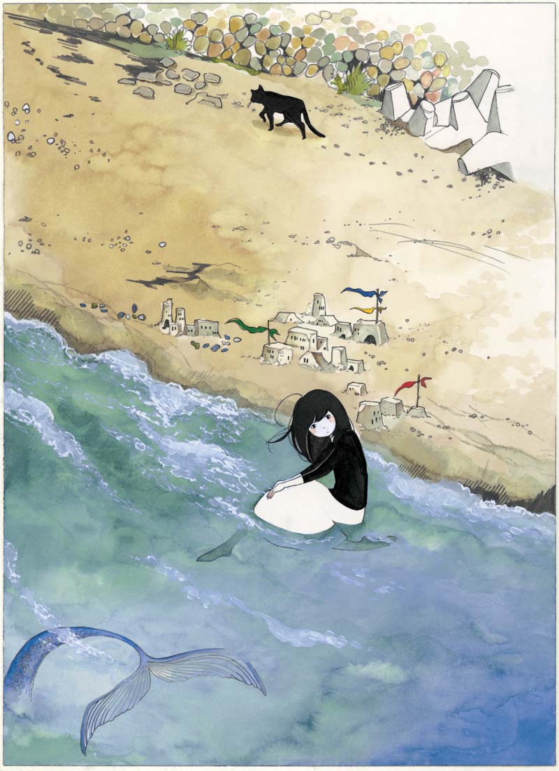 小森羊仔の新連載「青い鱗と砂の街」扉イラスト。