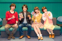 アニメ「どーにゃつ」キャスト。（左から）間島淳司、藤原啓治、田村ゆかり、林沙織。