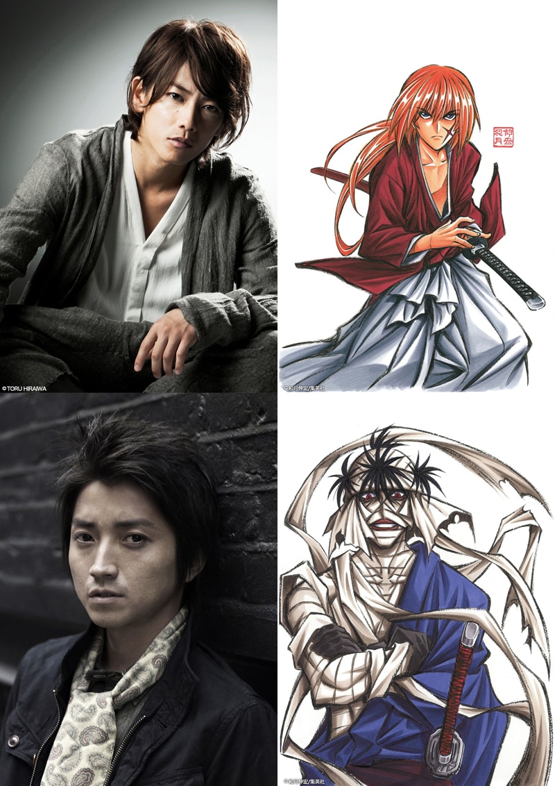 上段は佐藤健（左）と彼が演じる緋村剣心（右）。下段が藤原竜也（左）と彼が演じる志々雄真実（右）。