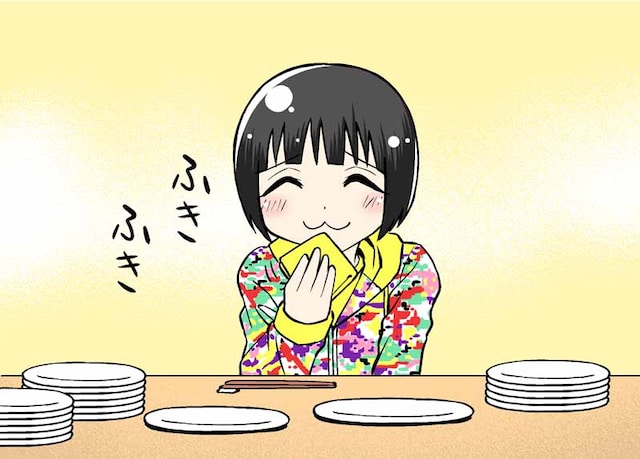 「しおりんの幸福の黄色いハンカチ」使用例その1。しおりんのような食いしん坊でも、食べ終わったら口を拭くエチケットを忘れずに。