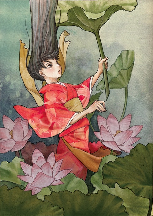 冬目ケイが描いた、「風姿十二花」第1回「七月蓮」のイラスト。このイラストに若緒が文字を加えデザインされた完成形は、アフタヌーン本誌でご覧いただきたい。