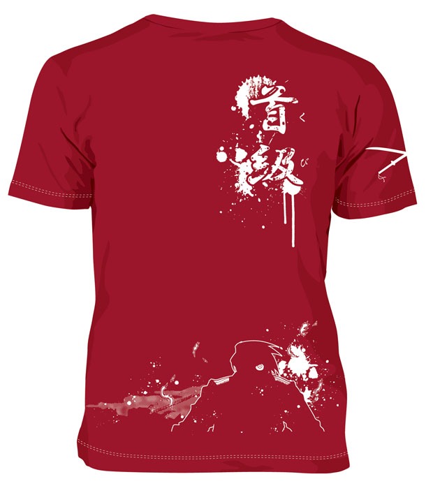 「ドリフターズ」の「島津豊久Tシャツ」赤のバック。サイズはS～LLの4段階。3500円。