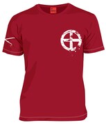 「ドリフターズ」の「島津豊久Tシャツ」赤のフロント。サイズはS～LLの4段階。3500円。