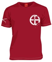 「ドリフターズ」の「島津豊久Tシャツ」赤のフロント。サイズはS～LLの4段階。3500円。