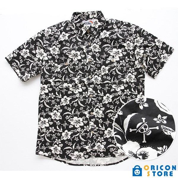 「SR’ES RAINBOW ワンピース アロハシャツ（Straw Hat Crew Aloha）ブラック／ホワイト」(c)尾田栄一郎／集英社・東映アニメーション