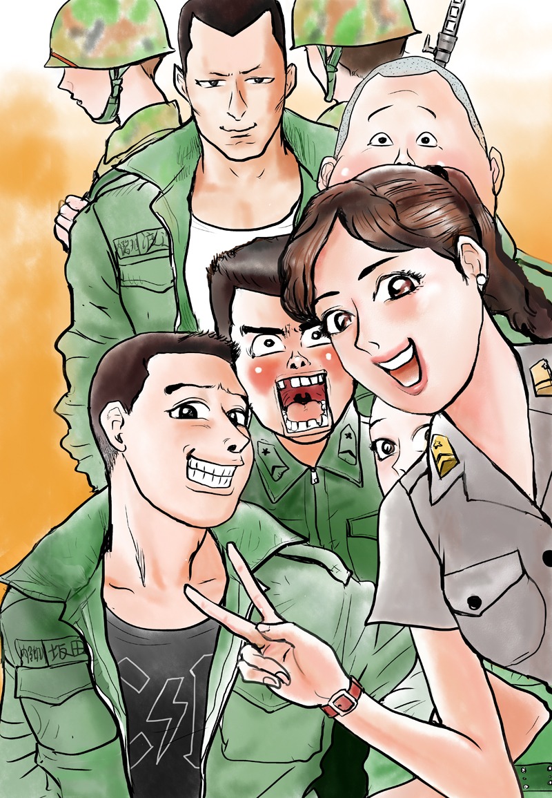 「右向け左！」新装版2巻の表紙イラスト。