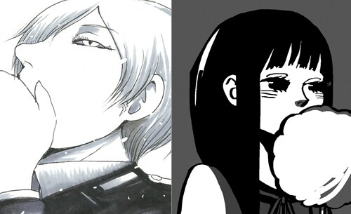 押切蓮介が描いた「ACCA13区監察課」（左）と、オノ・ナツメが描いた「ハイスコアガール」（右）。イラストの全体像は特集記事にてご覧いただきたい。