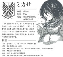 「進撃の巨人 -反逆の翼- ONLINE」の公式サイトに掲載されているミカサのプロフィール。(c)諫山創／講談社 (c)S&P・SKS Project