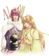 プリンセスGOLD2014年1月号に掲載されている、碧也ぴんく「義経鬼～陰陽師法眼の娘～」のカット。