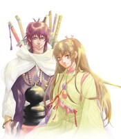 プリンセスGOLD2014年1月号に掲載されている、碧也ぴんく「義経鬼～陰陽師法眼の娘～」のカット。