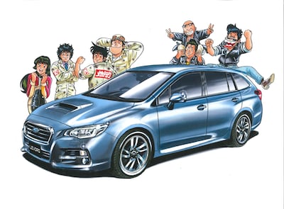 次原隆二が「よろしくメカドック」の面々とスバル・レヴォーグを描き下ろしたイラスト。