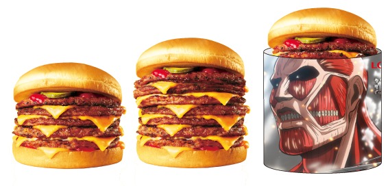 左から「5m級タワーチーズバーガー」（5段）、「7m級タワーチーズバーガー」（7段）、「10m級タワーチーズバーガー」（10段）。