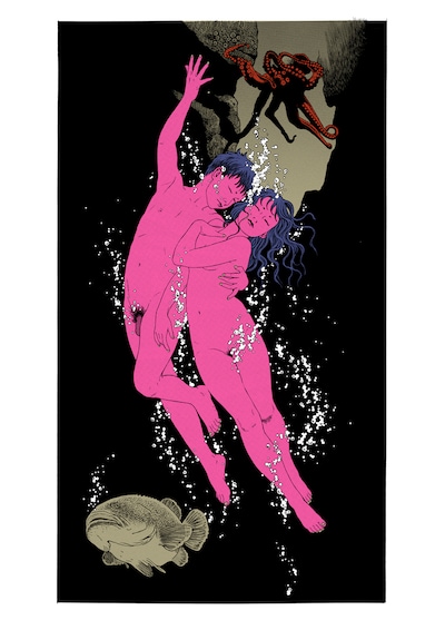 店舗限定で販売される丸尾末広のシルクスクリーンポスター。