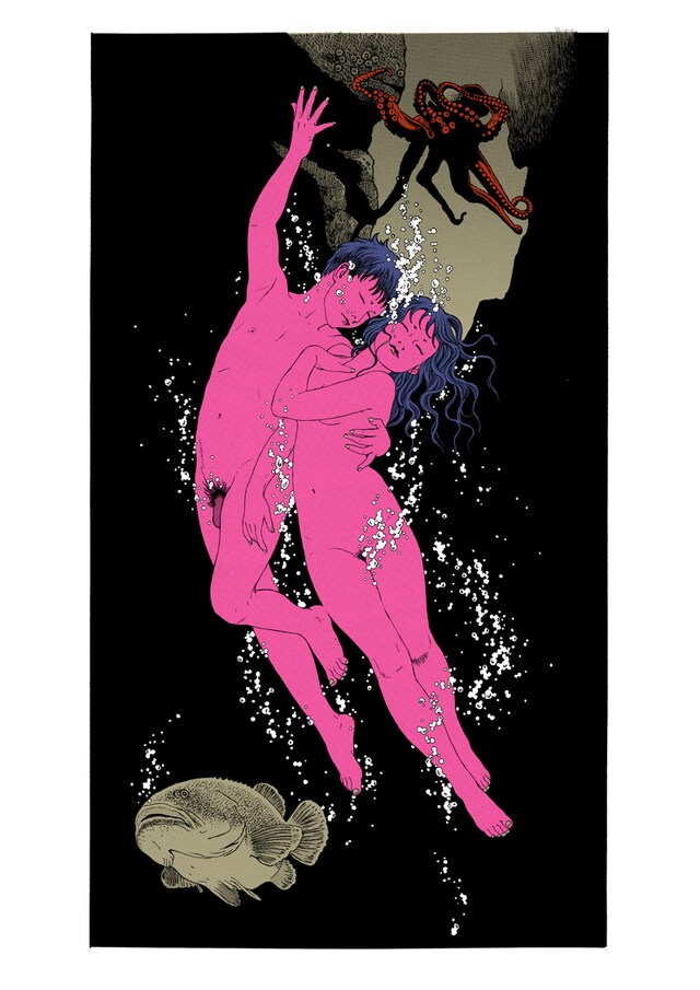 店舗限定で販売される丸尾末広のシルクスクリーンポスター。