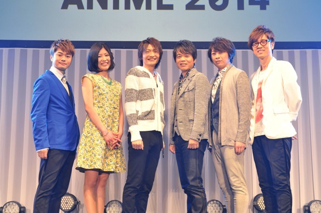 「日テレラインナップ発表会」にて、（左から）福山潤、前田玲奈、島崎信長、中井和哉、小野大輔、櫻井孝宏。