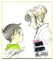 末次由紀によるコナンと、青山剛昌が描いた千早のイラスト。