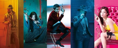 実写映画版「ルパン三世」のキャスト陣。左より、銭形警部役の浅野忠信、石川五ェ門役の綾野剛、ルパン三世役の小栗旬、次元大介役の玉山鉄二、峰不二子役の黒木メイサ。(c)2014映画「ルパン三世」製作委員会