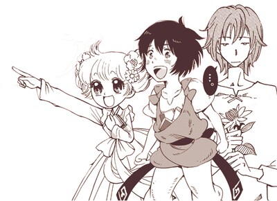 3作品のコラボビジュアル。左から「天空の玉座」の珊瑚、「クジラの子らは砂上に歌う」のチャクロ、「イーフィの植物図鑑」のアリオ。