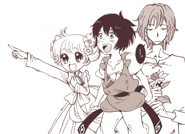 3作品のコラボビジュアル。左から「天空の玉座」の珊瑚、「クジラの子らは砂上に歌う」のチャクロ、「イーフィの植物図鑑」のアリオ。