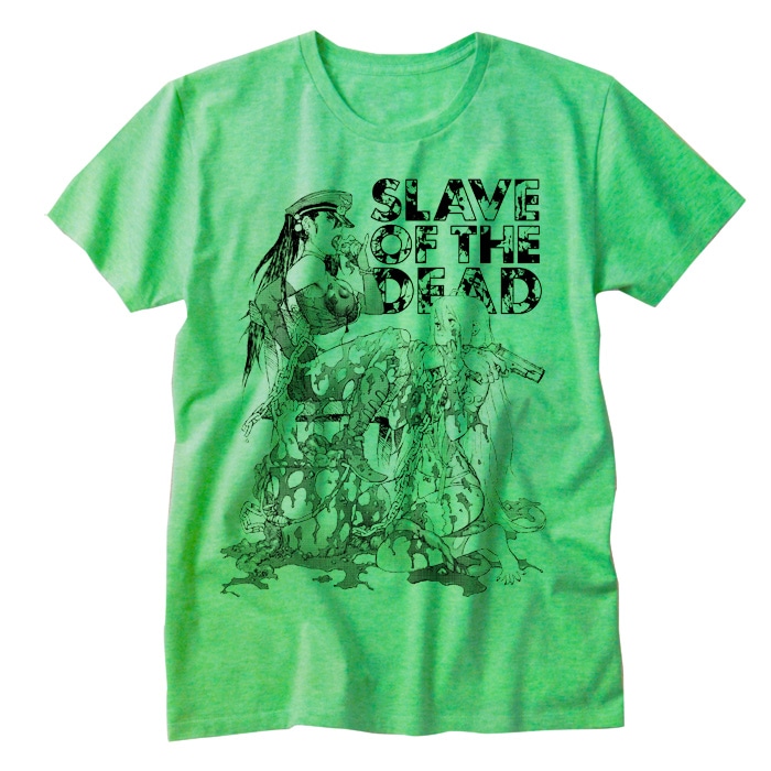 yonpoより発売された松本次郎Tシャツ「SLAVE of the DEAD」。写真はアップルグリーン。