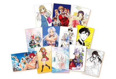 全12種類の暑中見舞いポストカード。（c）瀬川はじめ（c）上栖綴人・大熊猫介（c）みやこかしわ（c）Nanboku 2013（c）創通・サンライズ（c）樫木祐人（c）長蔵ヒロコ（c）2014 TSUTOMU SATO／YU MORI（c）SAKURAKO KIMINO／ARUMI TOKITA（c）2013 プロジェクトラブライブ！（c）SHOUJI SATO（c）TAKESHI MORIKI・FUMIAKI MARUTO・KUREHITO MISAKI（c）吉元ますめ（c）ハシモト（c）松駒（c）森繁拓真