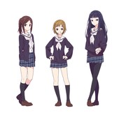 作中でヤヤが組むことになるバンド「Need Cool Quality」のメンバー。左から小町結香（CV：高井舞香）、山ノ下祥子（CV：若井友希）、梶原亜里沙（CV：山本彩乃）。 (c)浜弓場双・芳文社／ハナヤマタ製作委員会