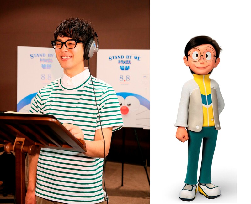 アフレコに臨む妻夫木聡（左）と、彼が演じる青年のび太。(c)2014「STAND BY MEドラえもん」製作委員会