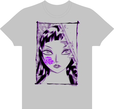 yonpoより発売される「血まみれスケバンチェーンソー」Tシャツのメランジグレー。