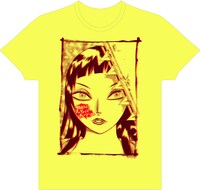 yonpoより発売される「血まみれスケバンチェーンソー」Tシャツのイエロー。