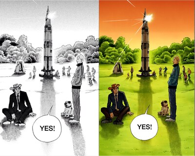 「宇宙兄弟」モノクロ版（左）とオールカラー版（右）の比較画像。