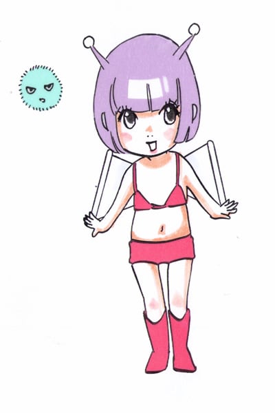 東村アキコがイラストを手がけたナタリーのマスコットキャラクター・ナタリー信子。左に浮いている緑色の球体は、マリモのマシューだ。