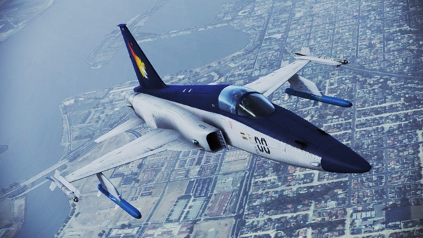 「F-5E -Shin Kazama-」のビジュアル。All trademarks and copyrights associated with the manufacturers, aircraft, models, trade names, brands and visual images depicted in this game are the property of their respective owners, and used with such permissions. (c)JAPAN SPACE IMAGING CORPORATION(c)DigitalGlobe, Inc., All Rights Reserved.ACE COMBAT(R) INFINITY & (c)BANDAI NAMCO Games Inc.(c)新谷かおる