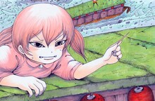 押切蓮介によるイラストの一部。少女が何と戦っているのかは、誌面にて確認を。