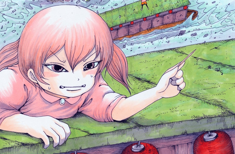 押切蓮介によるイラストの一部。少女が何と戦っているのかは、誌面にて確認を。