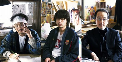 （左から）川口たろうに扮した宮藤官九郎、服部哲に扮した山田孝之、佐々木編集長に扮したリリー・フランキー。(c)映画「バクマン。」製作委員会 (c)大場つぐみ・小畑健／集英社