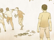 中田春彌がDJ KRUSHのヒストリーを描いた「DJ KRUSH: Building It」の1コマ。