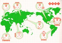 ニャンコ先生が各国の文化を表現した世界地図ページ。