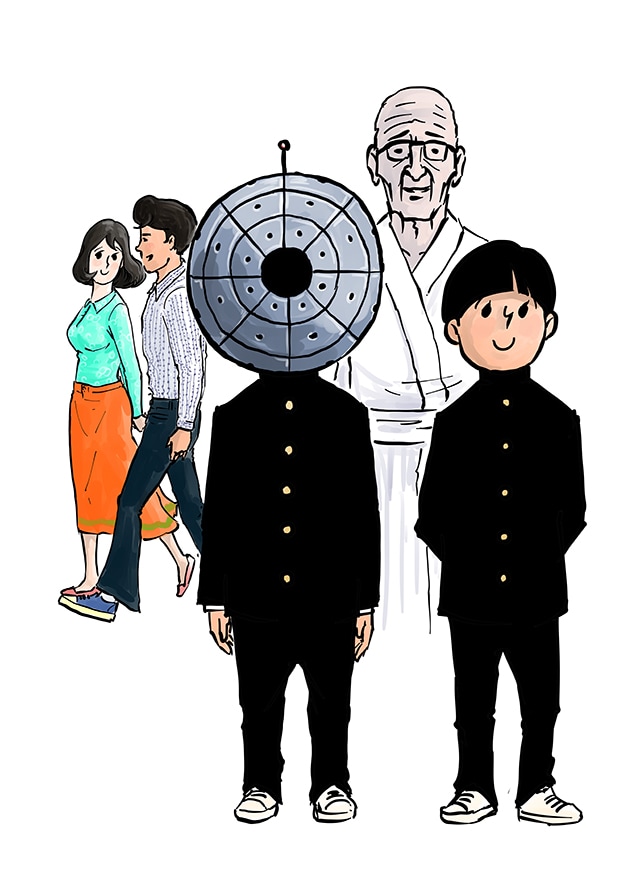 「レタス2個分のステキ」カット。左端2人がマチコとスグル。中央の学生が斉藤君。 (c)田中光/小学館