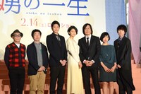 （左から）廣木隆一監督、前野朋哉、向井理、榮倉奈々、豊川悦司、安藤サクラ、落合モトキ。