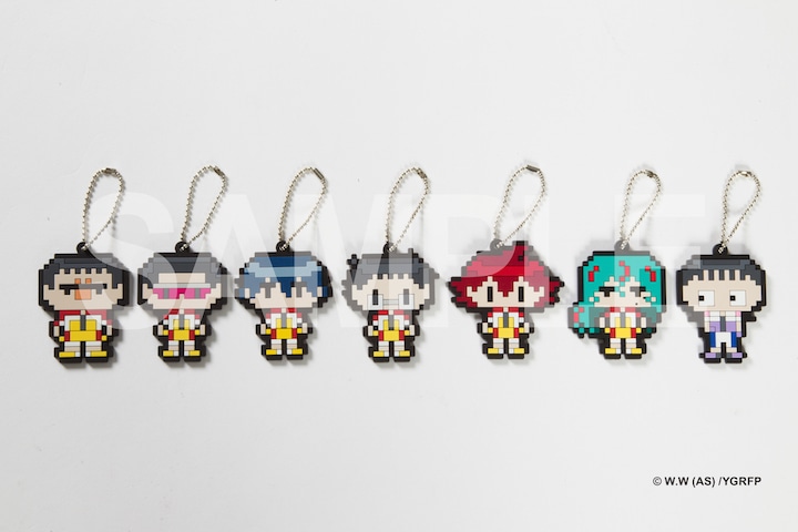 「弱虫ペダル GRANDE ROAD ドットキャラバーキーホルダー vol.1」の6種とボックス購入特典の御堂筋。(c) 渡辺航(週刊少年チャンピオン)／弱虫ペダルGR製作委員会