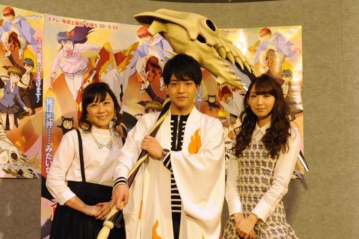 「境界のRINNE」試写会での会見の様子。左から生天目仁美（六文役）、石川界人（六道りんね役）、井上麻里奈（真宮桜役）。