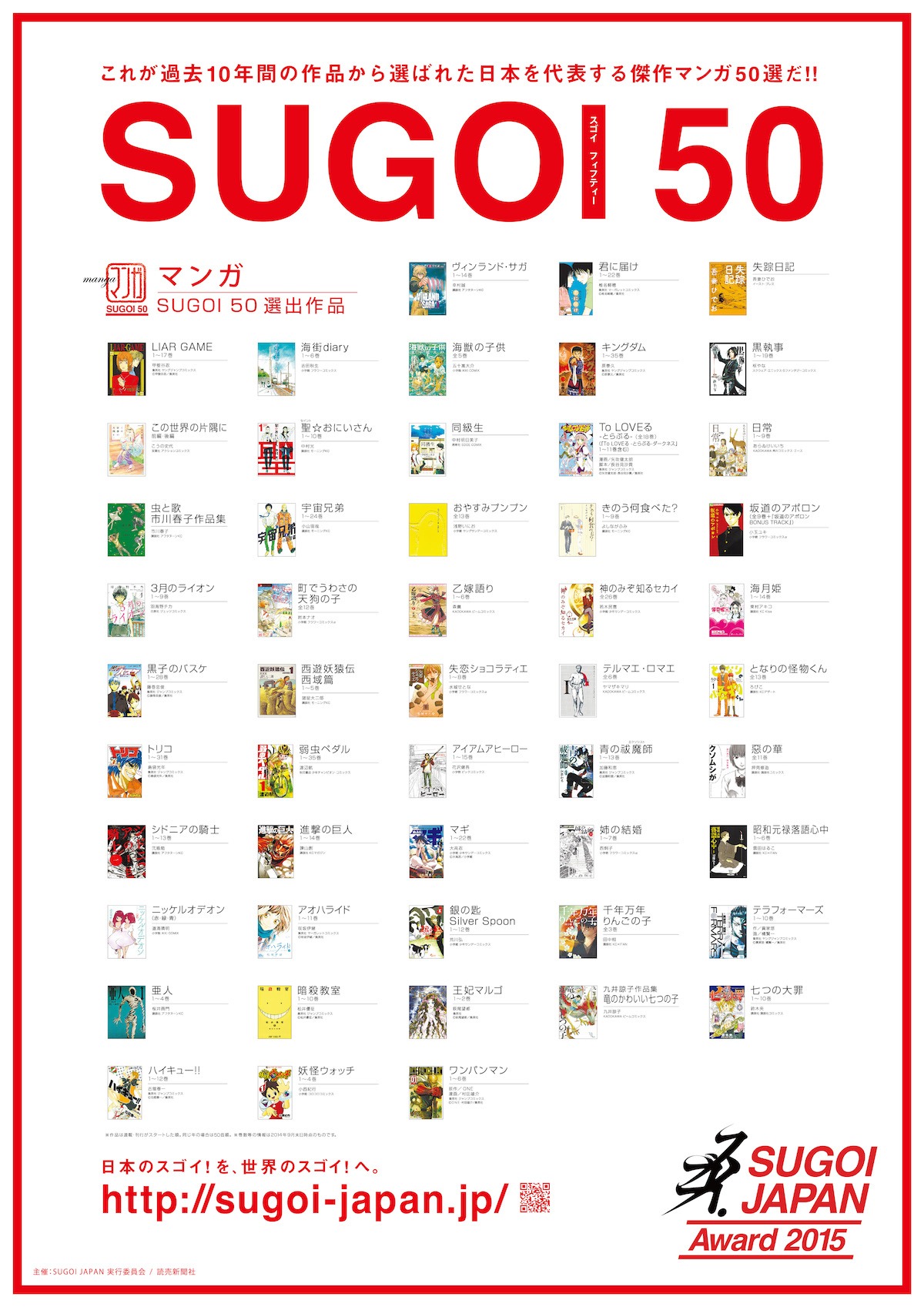 マンガ部門のノミネート50作品。