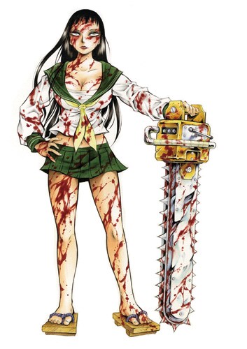 「血まみれスケバンチェーンソー」のステッカー。